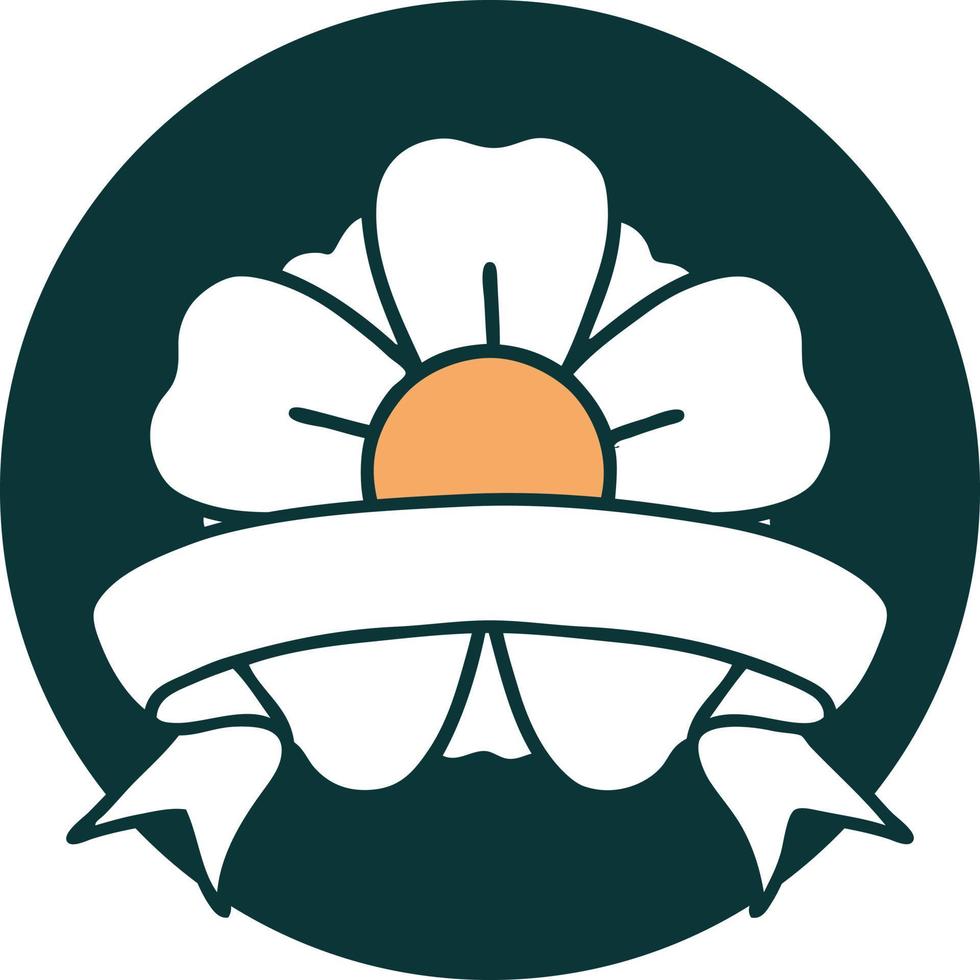 tattoo style icon with banner of a flower vector