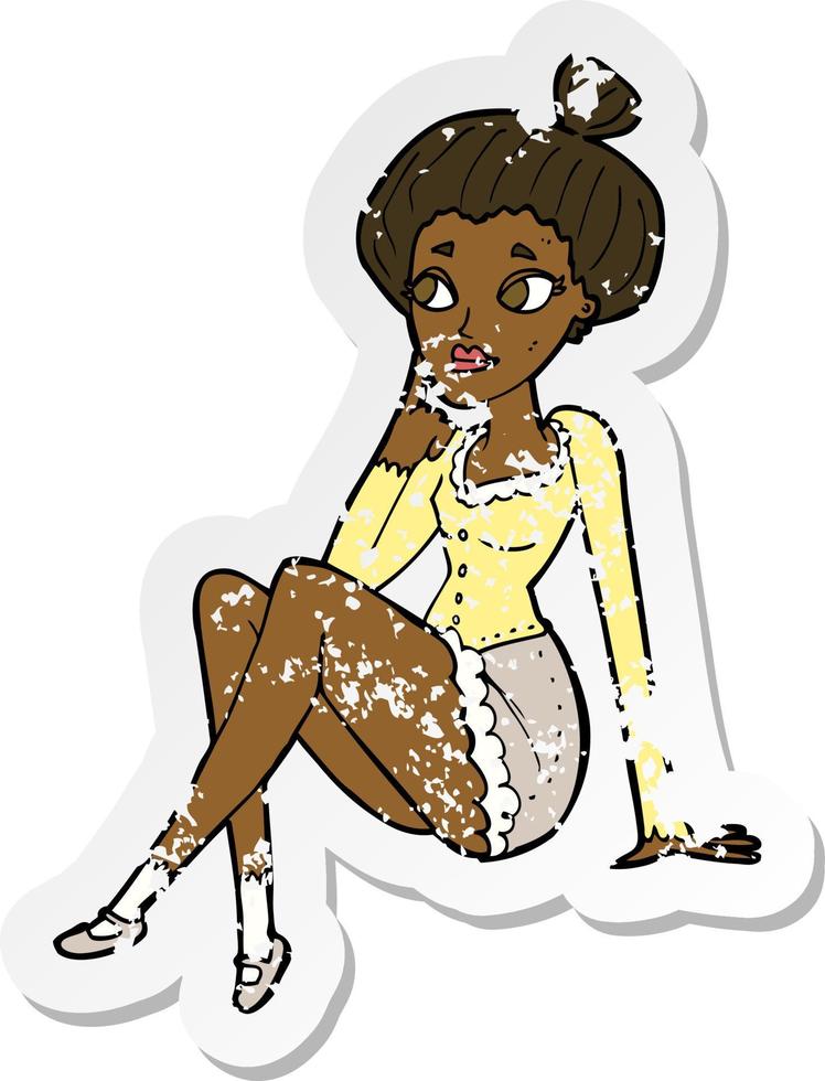 retro distressed sticker of a cartoon attractive woman sitting thinking vector