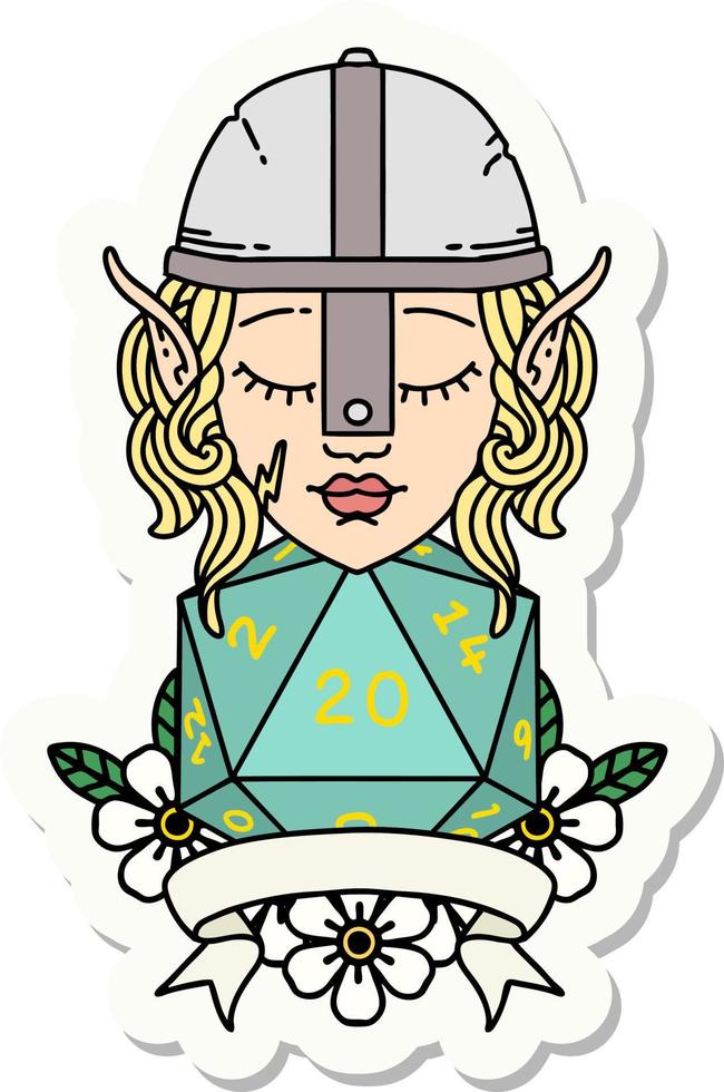 sticker of a elf fighter with natural 20 dice roll vector