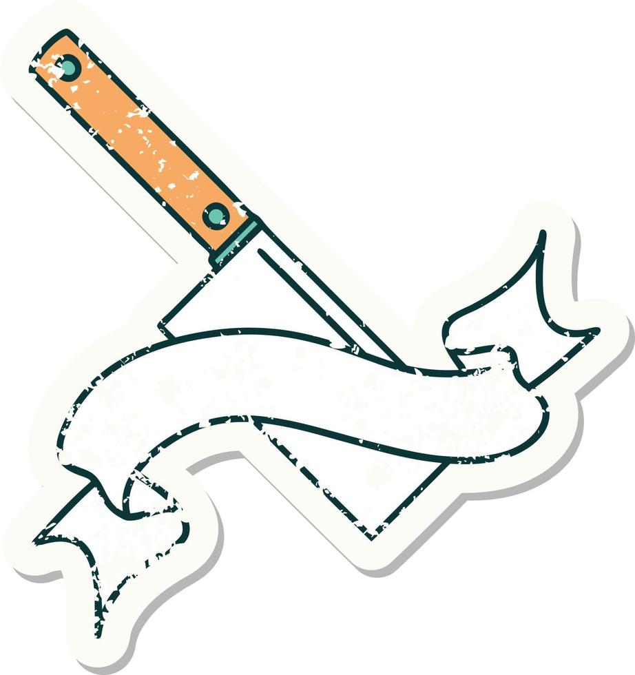 worn old sticker with banner of a meat cleaver vector