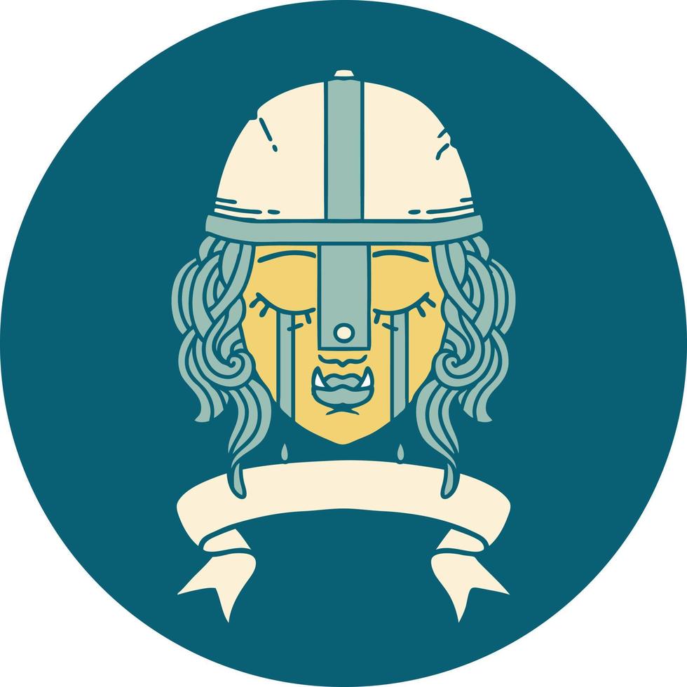 Retro Tattoo Style crying orc fighter character face vector