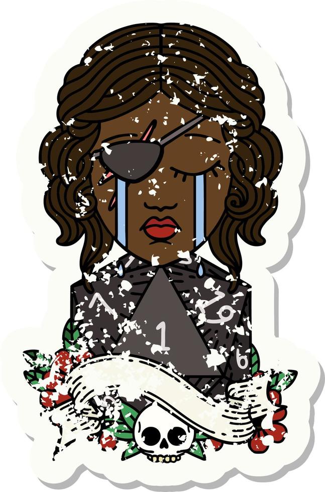 Retro Tattoo Style crying human rogue with natural one D20 roll vector