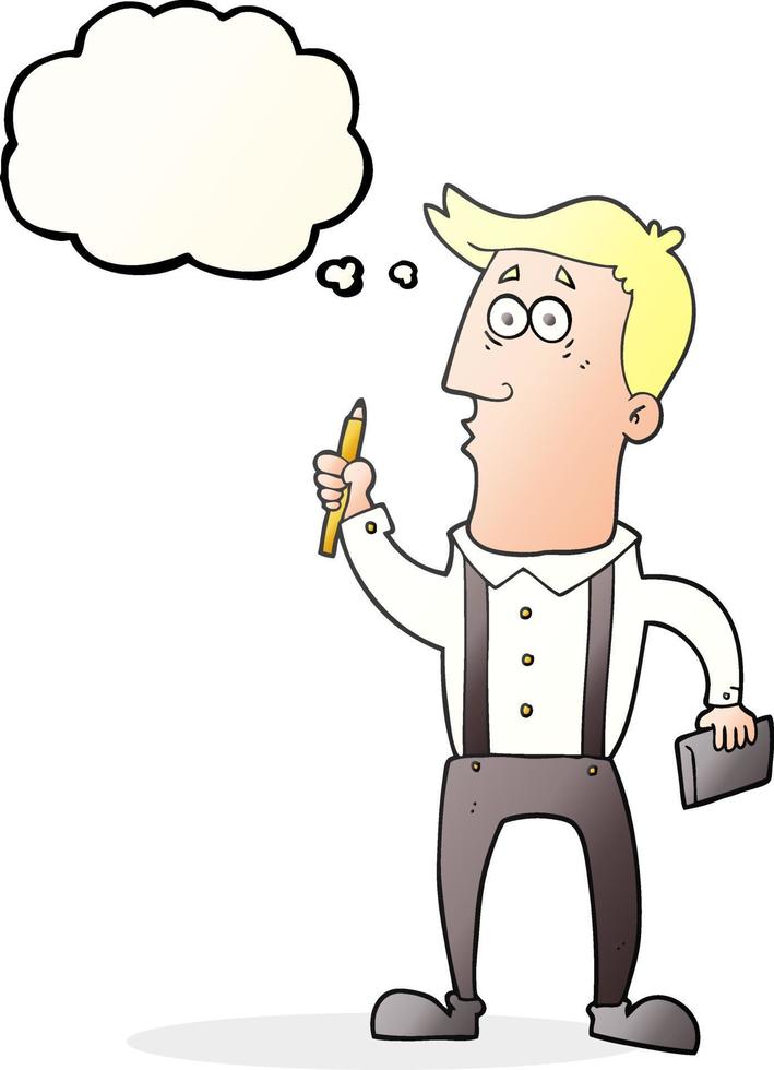 freehand drawn thought bubble cartoon man with notebook vector