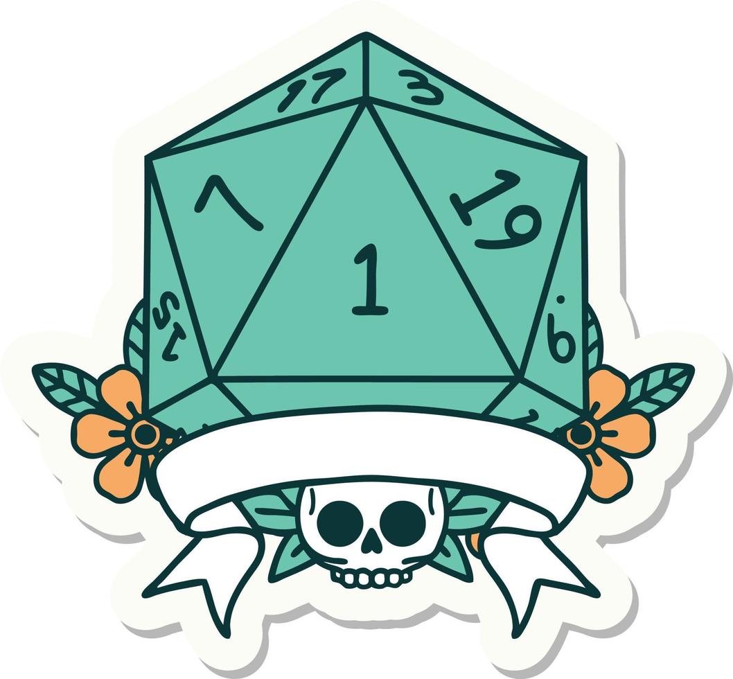 sticker of a natural one d20 dice roll vector