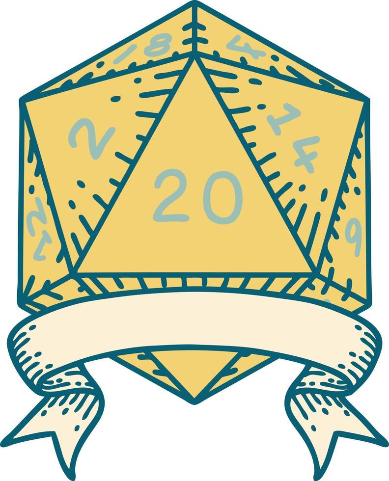 estilo de tatuaje retro natural 20 golpe crítico d20 tirada de dados vector