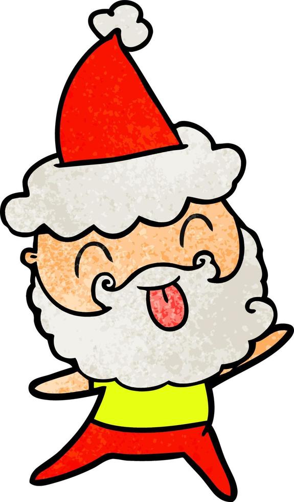 man with beard sticking out tongue wearing santa hat vector