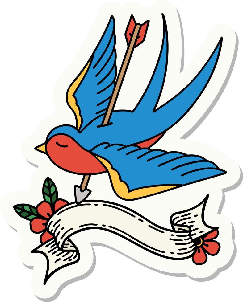 tattoo style sticker with banner of a swallow shot through with arrow vector