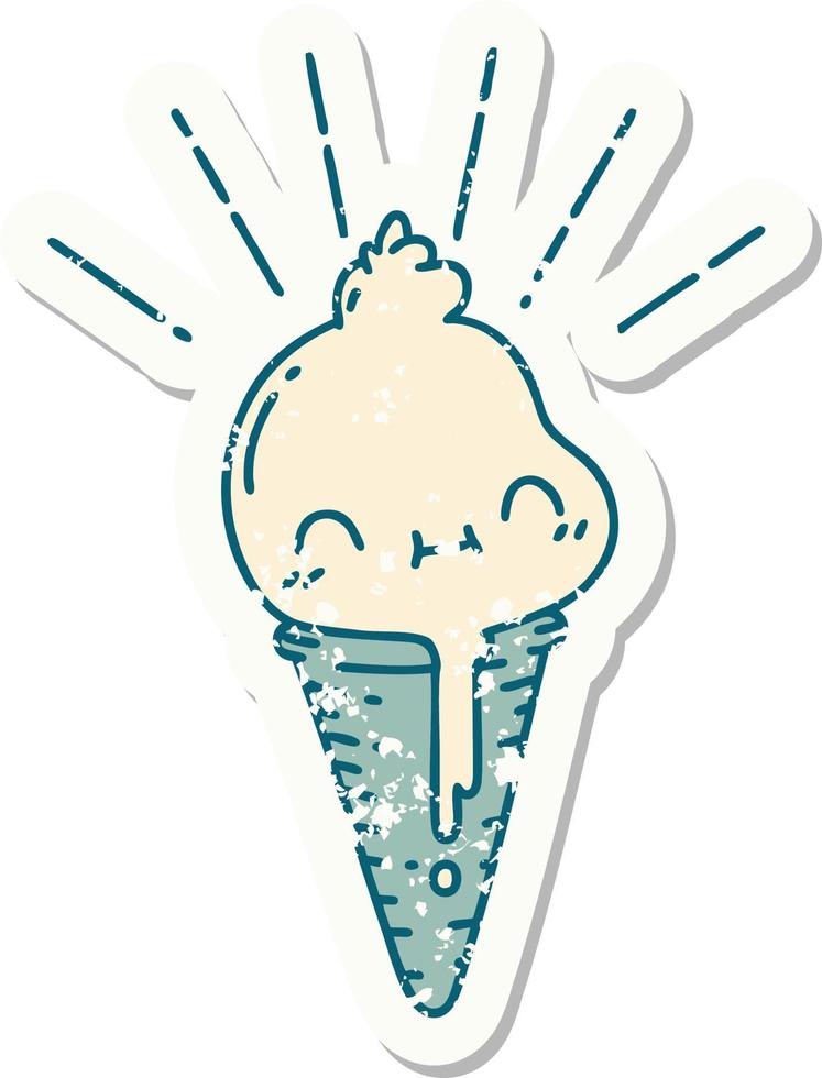 worn old sticker of a tattoo style ice cream character vector