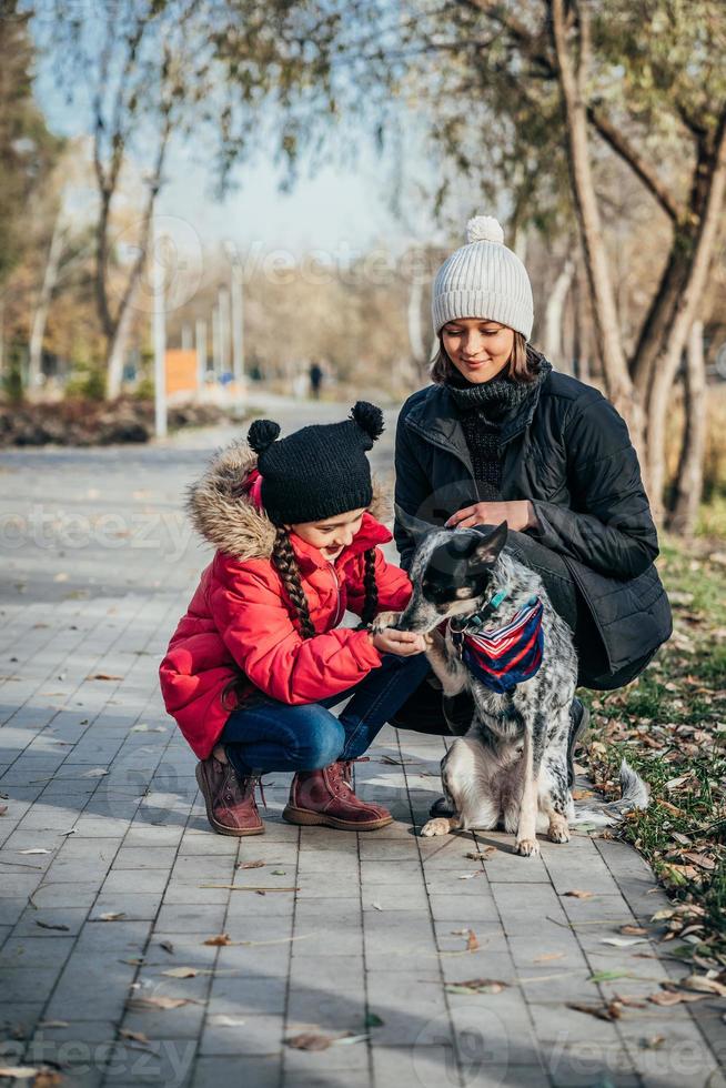 Happy mother and her daughter playing with dog in autumn park photo