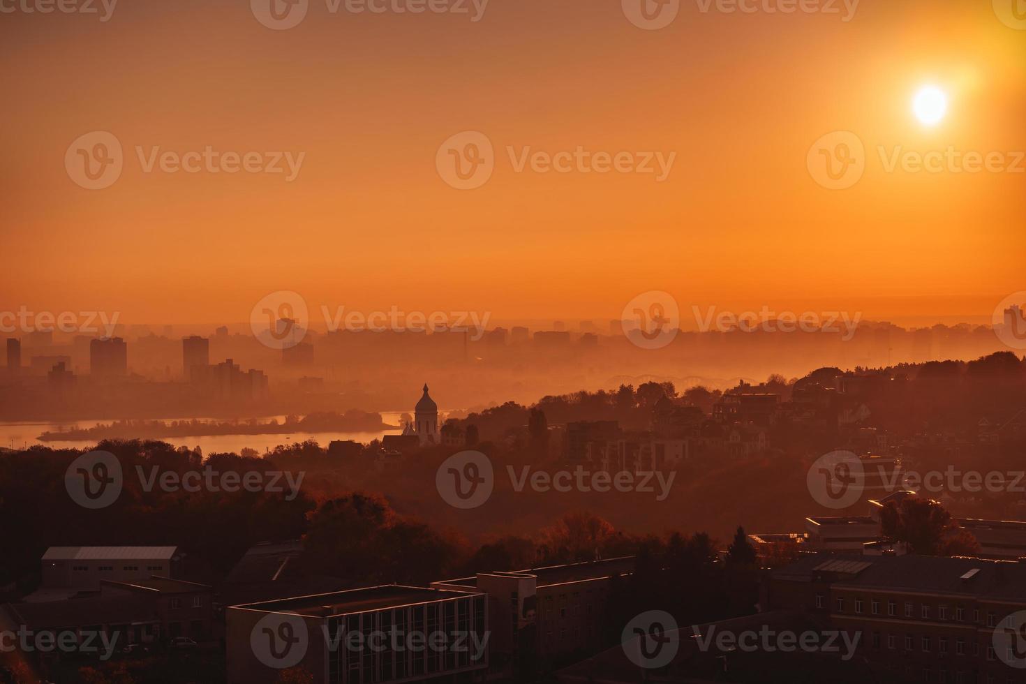 Sunset over the city. Aerial photography photo