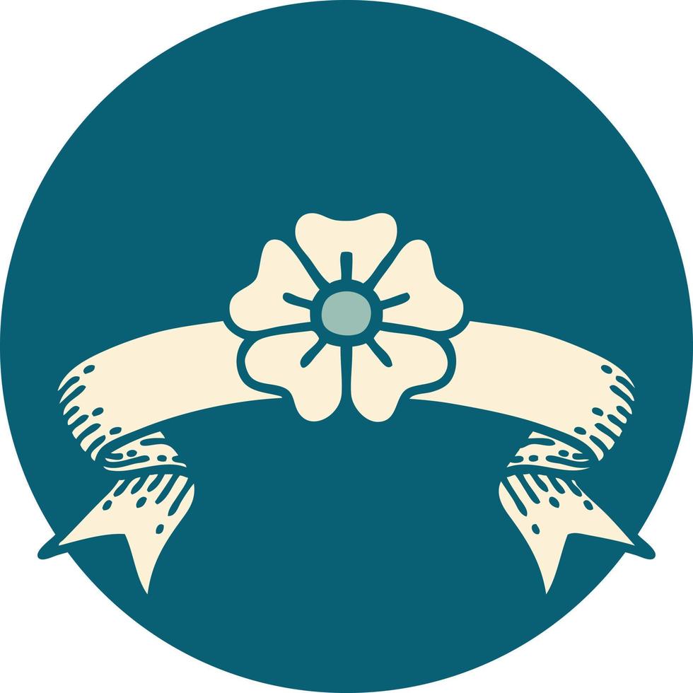 tattoo style icon with banner of a flower vector
