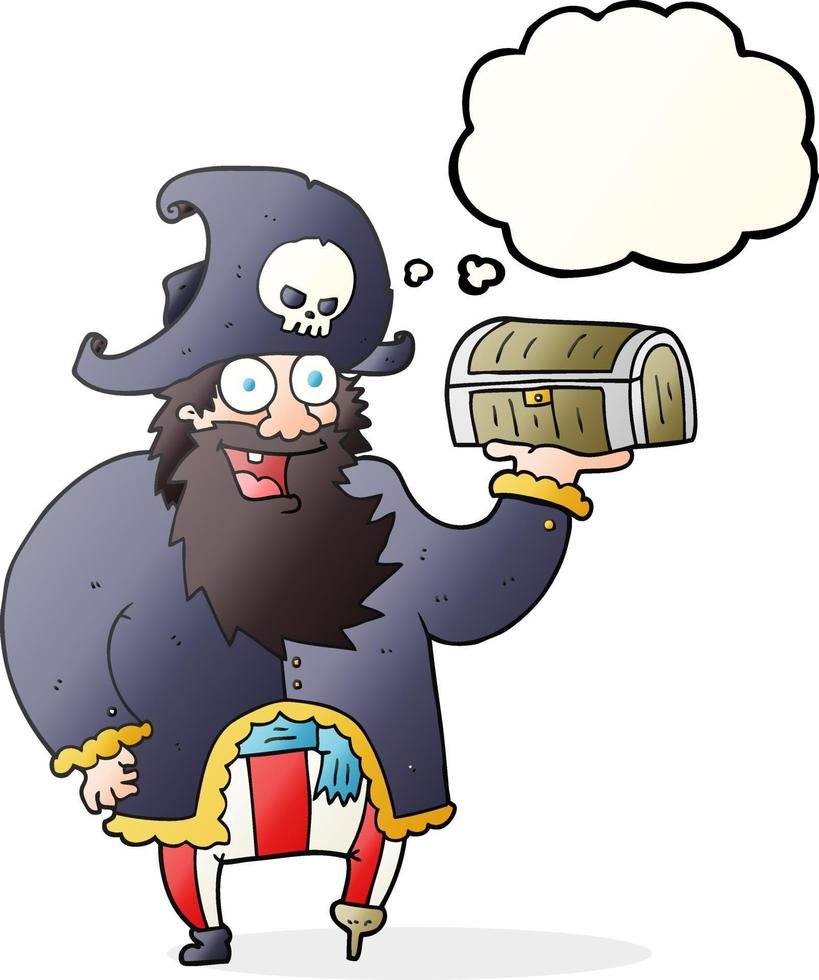 Pensamiento dibujado a mano alzada burbuja cartoon capitán pirata con cofre del tesoro vector