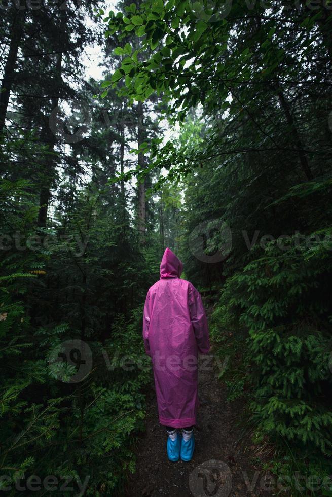 Woman in a raincoat walks through the forest in the rain, rear view photo