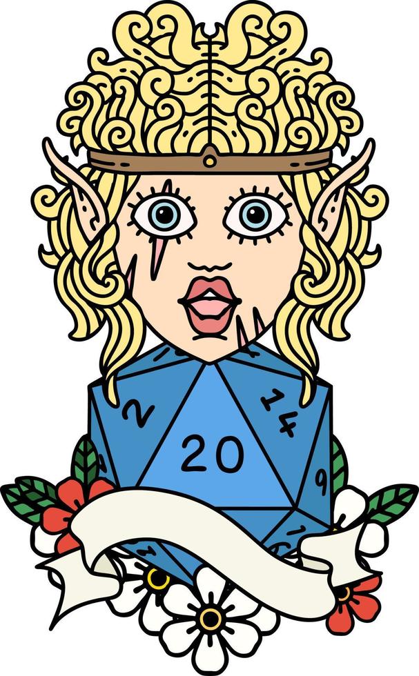 Retro Tattoo Style elf barbarian character face with natural twenty dice roll vector