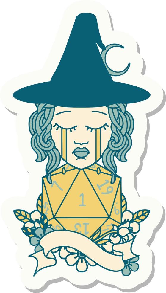 sticker of a human witch with natural one D20 roll vector