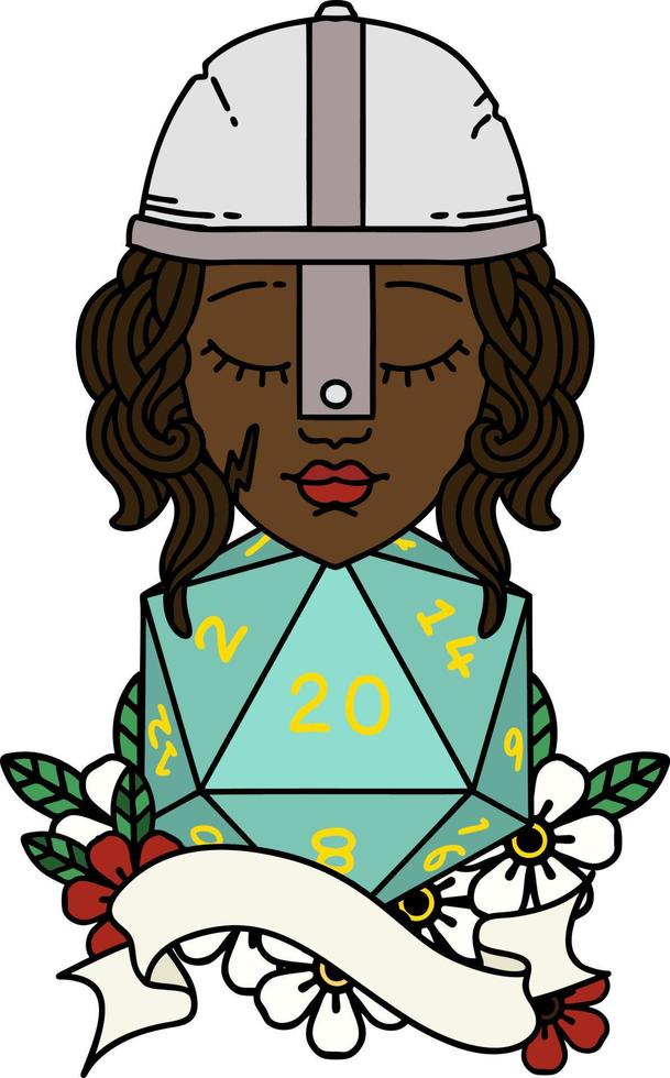 Retro Tattoo Style human fighter with natural twenty dice roll vector