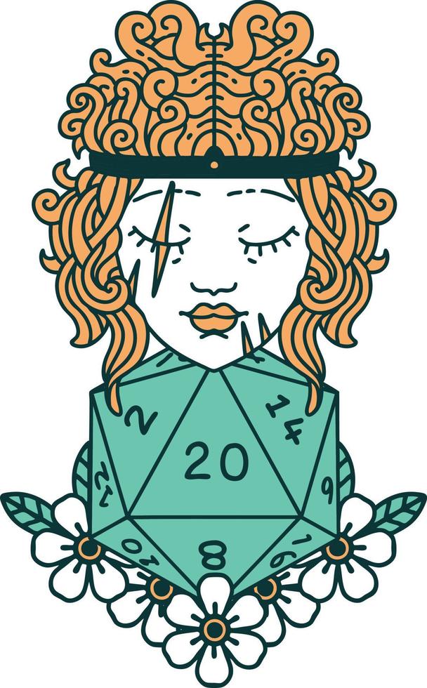 Retro Tattoo Style human barbarian with natural twenty dice roll vector