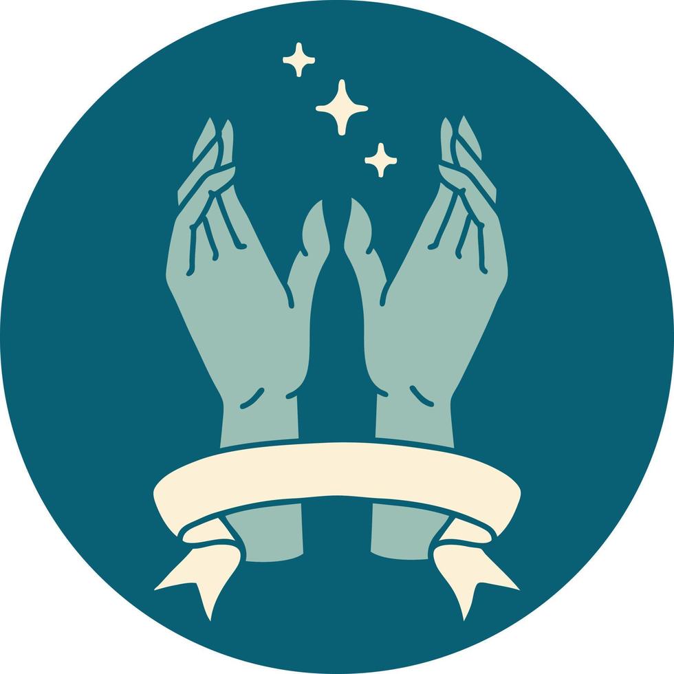 tattoo style icon with banner of mystic hands vector