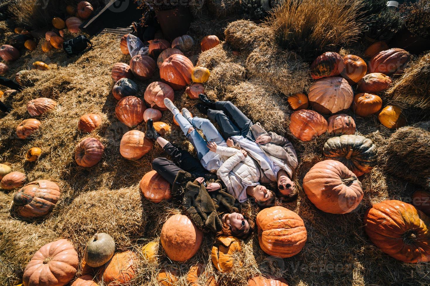 Young girls lie on haystacks among pumpkins. View from above photo