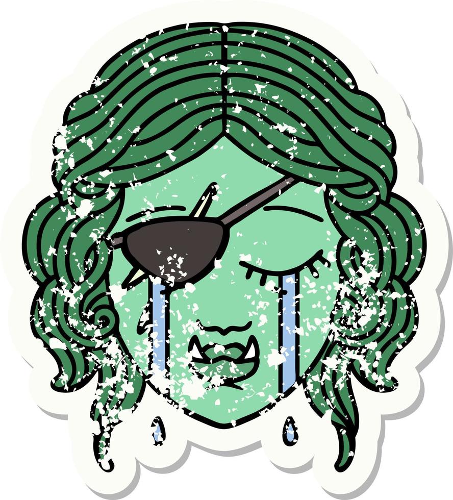 grunge sticker of a crying half orc rogue character face vector