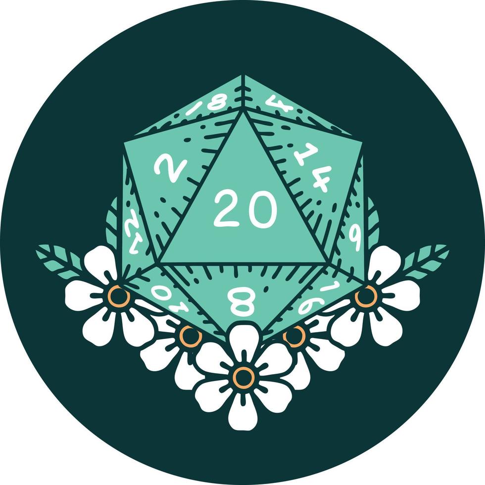 icon of natural 20 D20 dice roll with floral elements vector