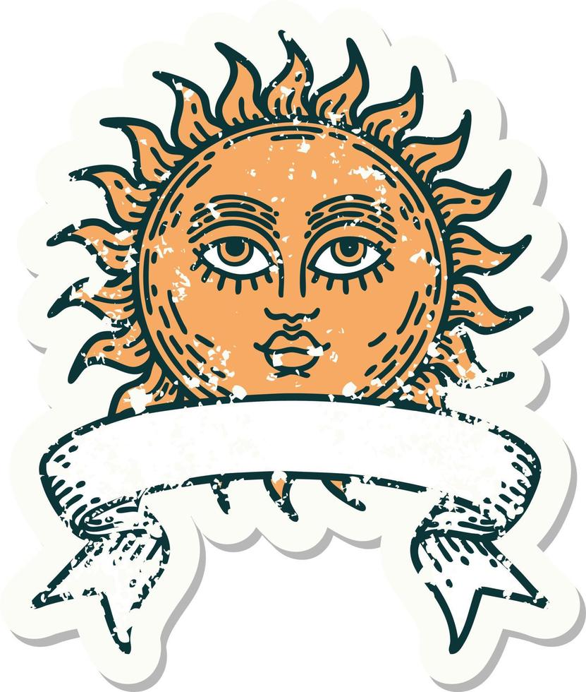 worn old sticker with banner of a sun with face vector