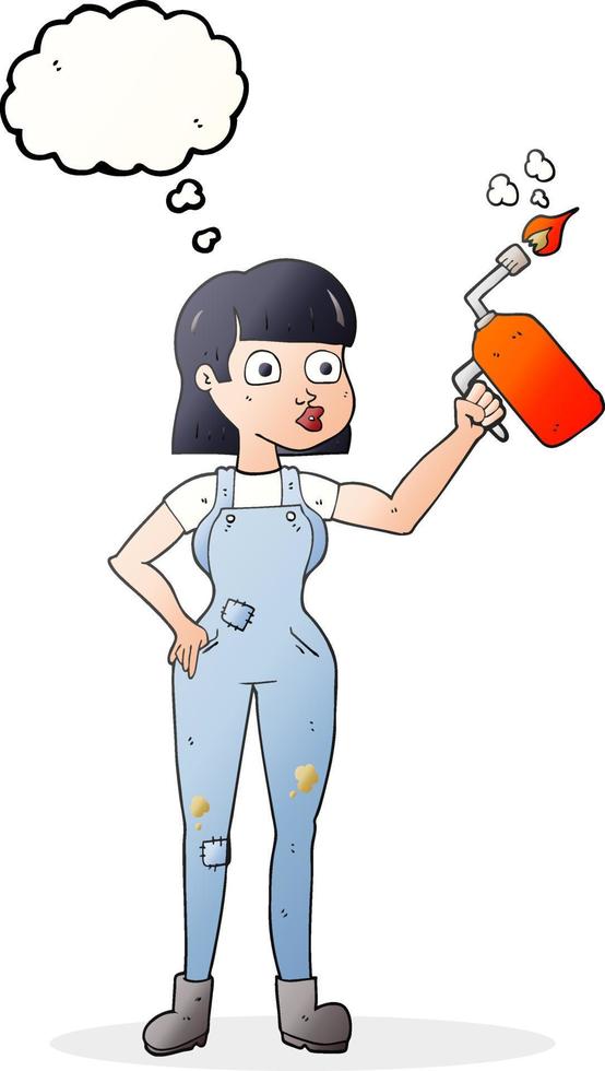freehand drawn thought bubble cartoon woman in dungarees vector