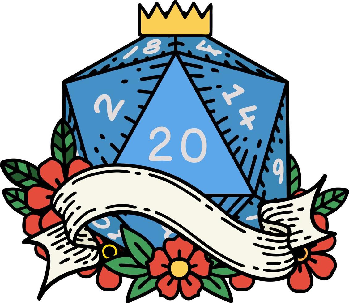 Retro Tattoo Style natural twenty D20 dice roll vector
