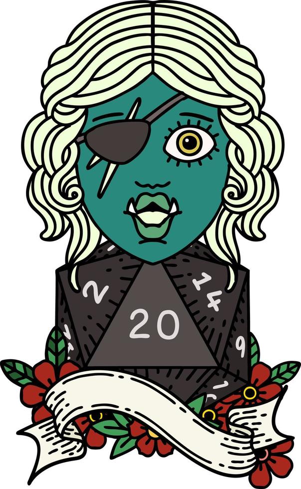 Retro Tattoo Style orc rogue character with natural twenty dice roll vector