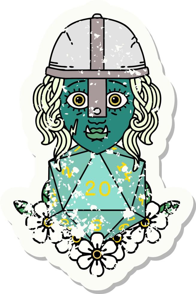 Retro Tattoo Style half orc fighter character with natural twenty dice roll vector