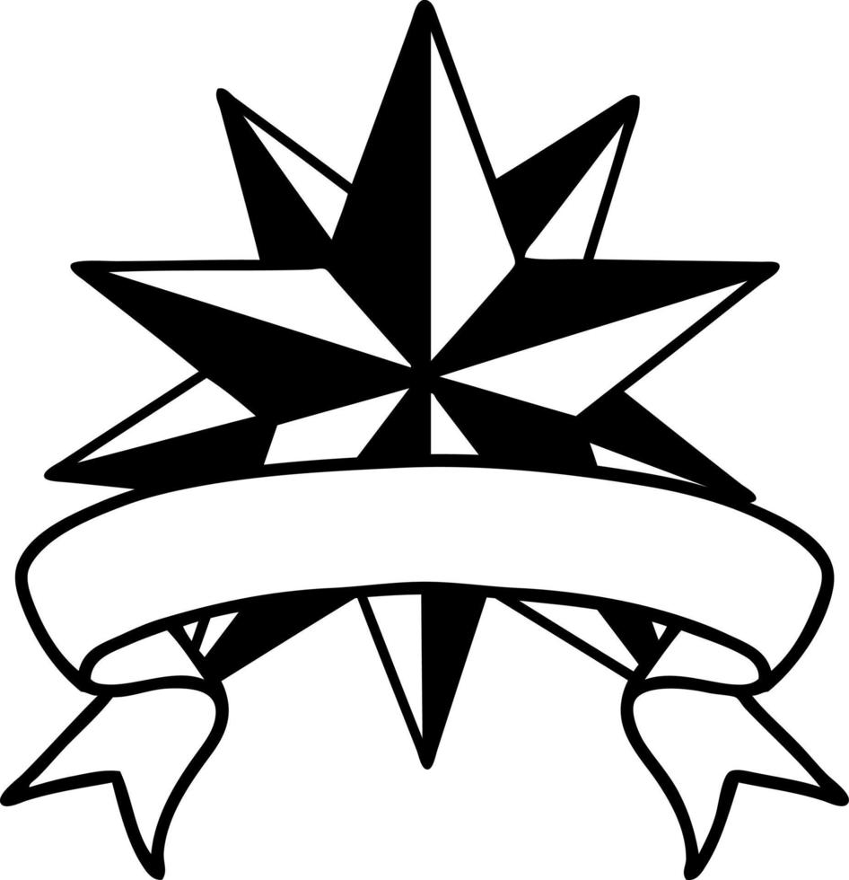 tatuaje tradicional de línea negra con pancarta de una estrella vector