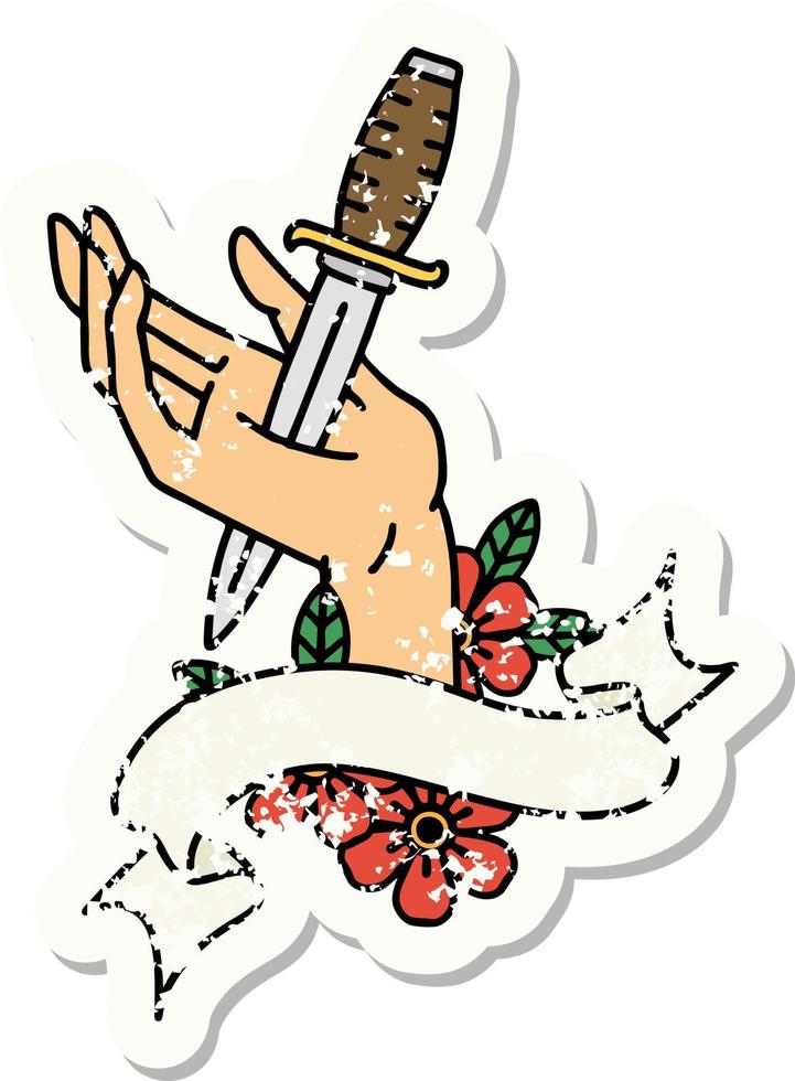 worn old sticker with banner of a dagger in the hand vector
