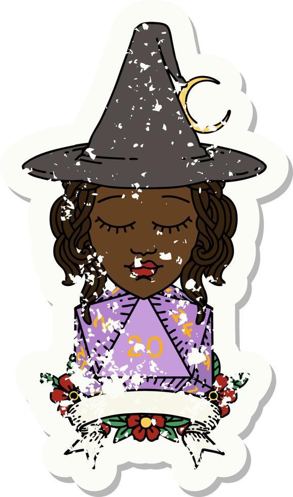 Retro Tattoo Style human witch with natural twenty dice roll vector