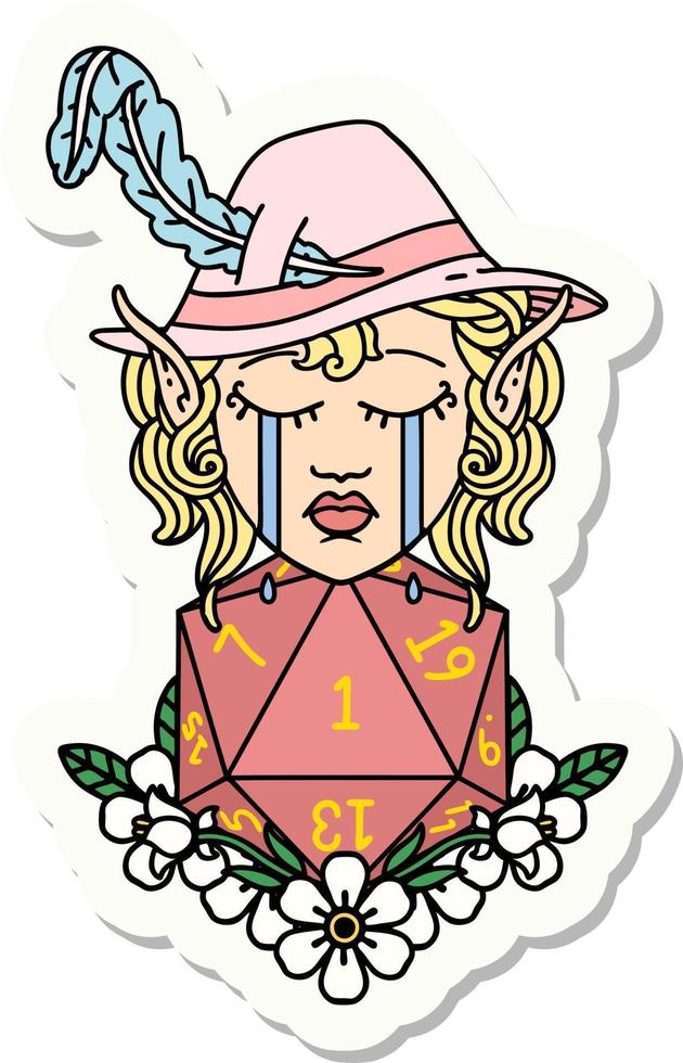 sticker of a crying elf bard character with natural one D20 roll vector