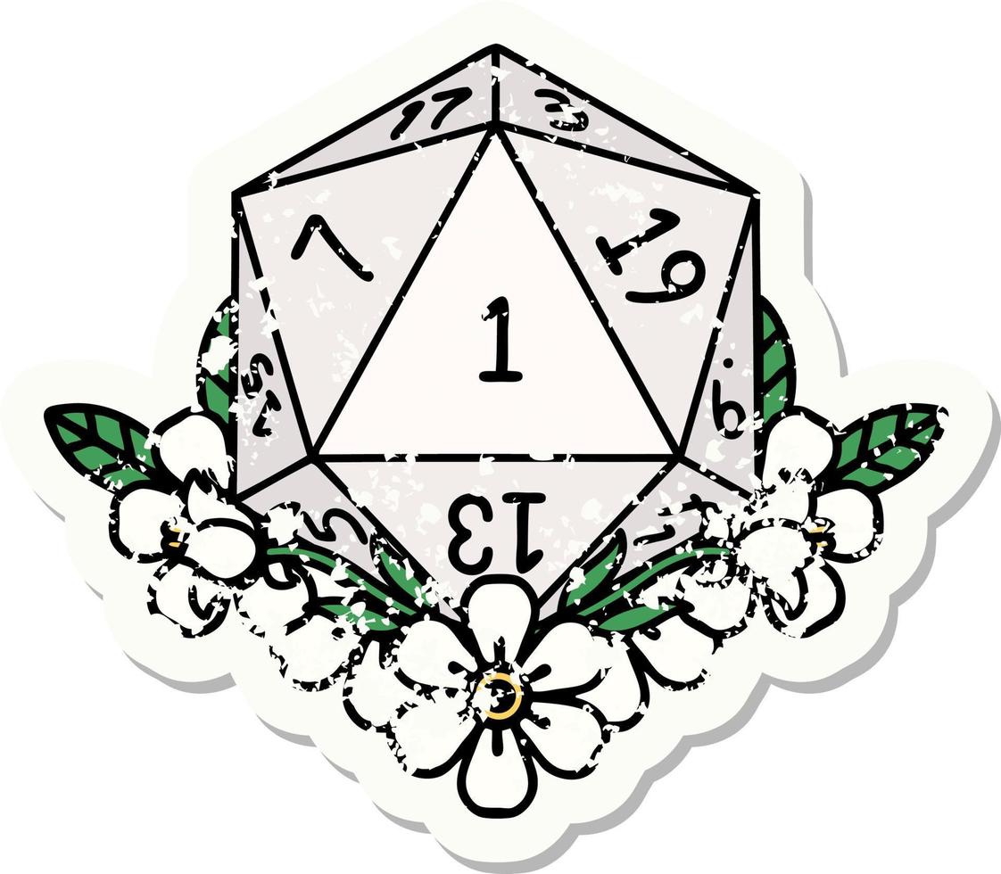grunge sticker of a natural one dice roll with floral elements vector
