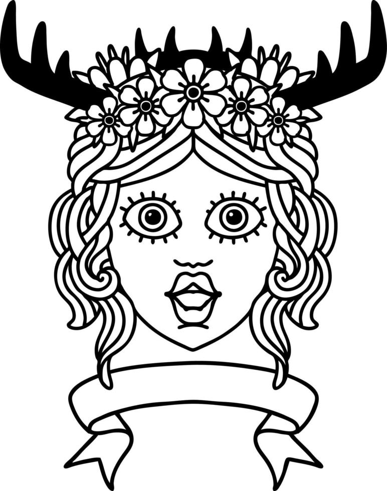 Black and White Tattoo linework Style human druid character with banner vector