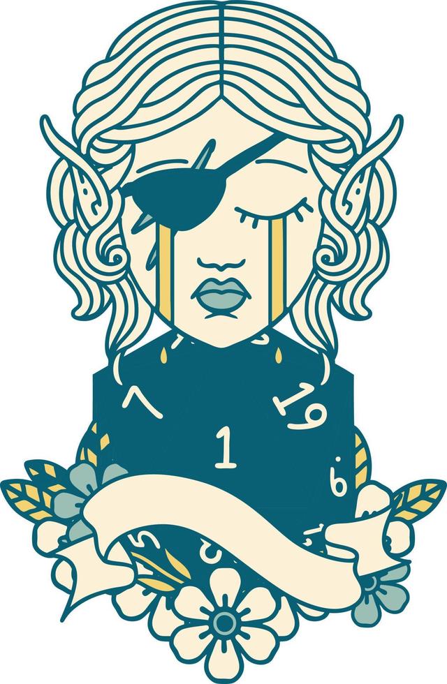 Retro Tattoo Style crying elf rogue character face with natural one D20 roll vector