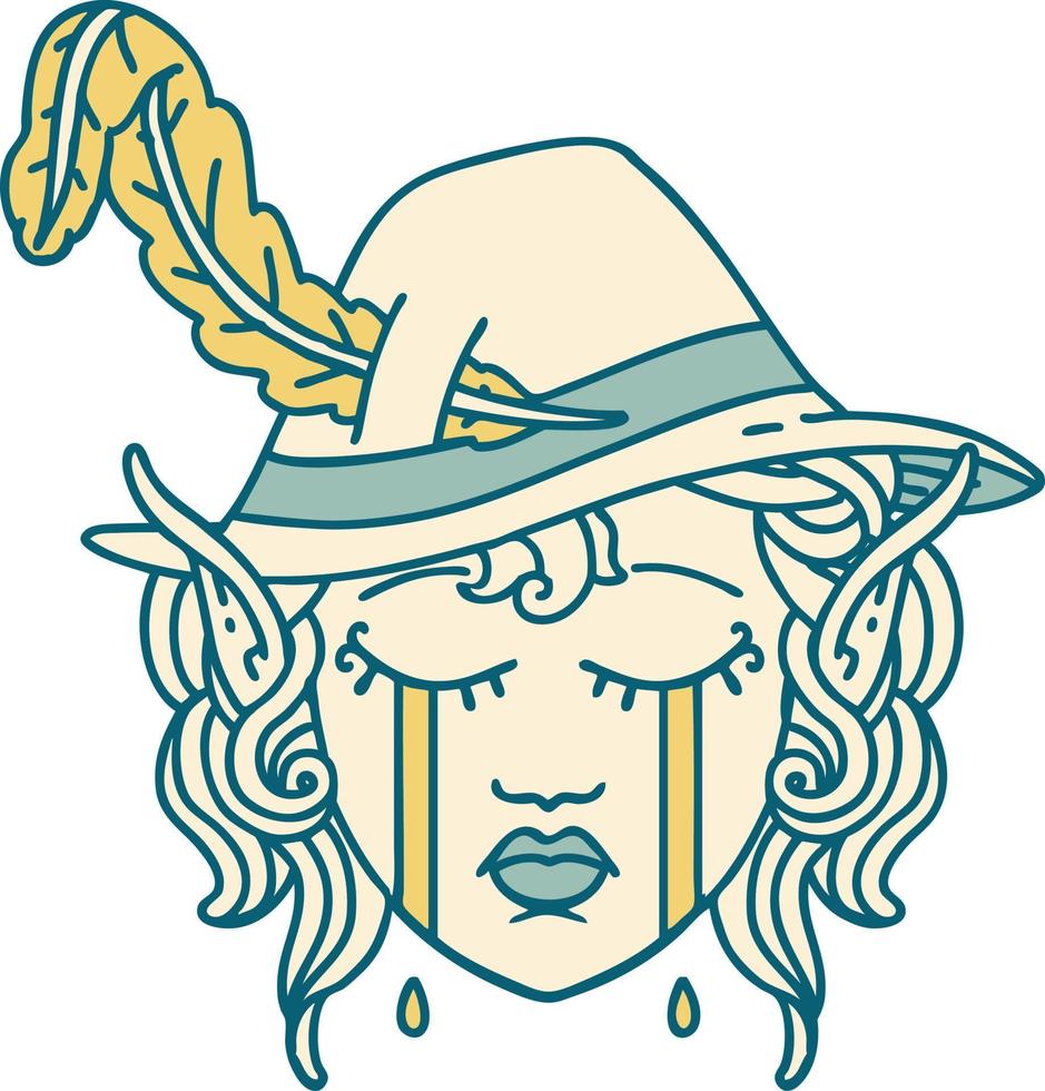 Retro Tattoo Style crying elf bard character face vector
