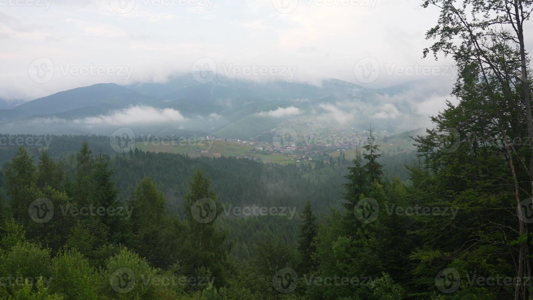 View from hill with forest meadow on town and mist in valley photo