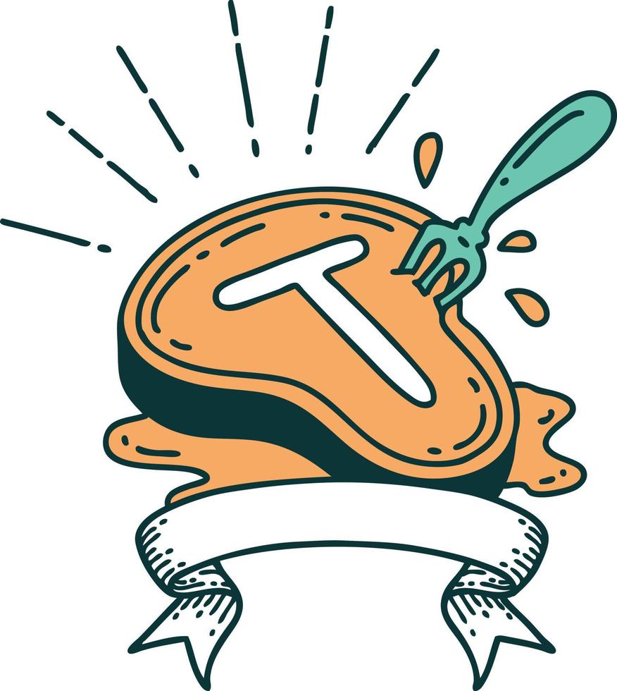 scroll banner with tattoo style steak and fork vector