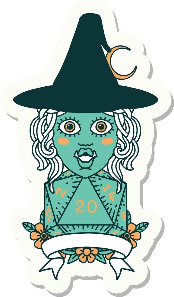 sticker of a half orc witch character with natural 20 dice roll vector