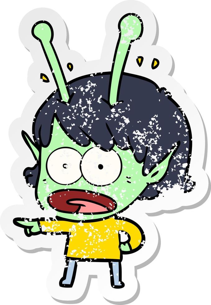 distressed sticker of a cartoon shocked alien girl vector
