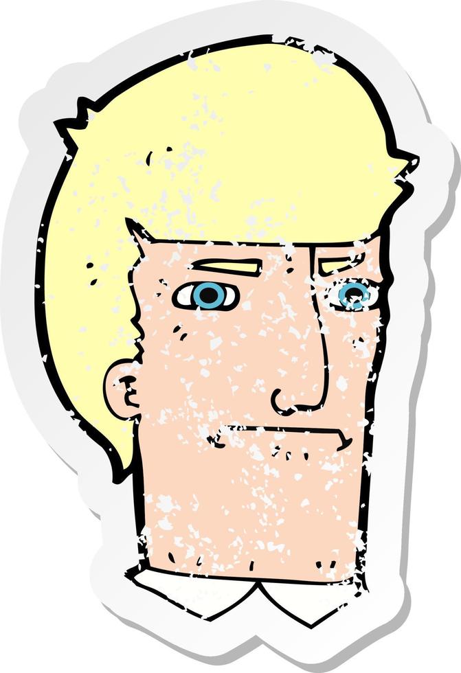 retro distressed sticker of a cartoon man narrowing eyes vector