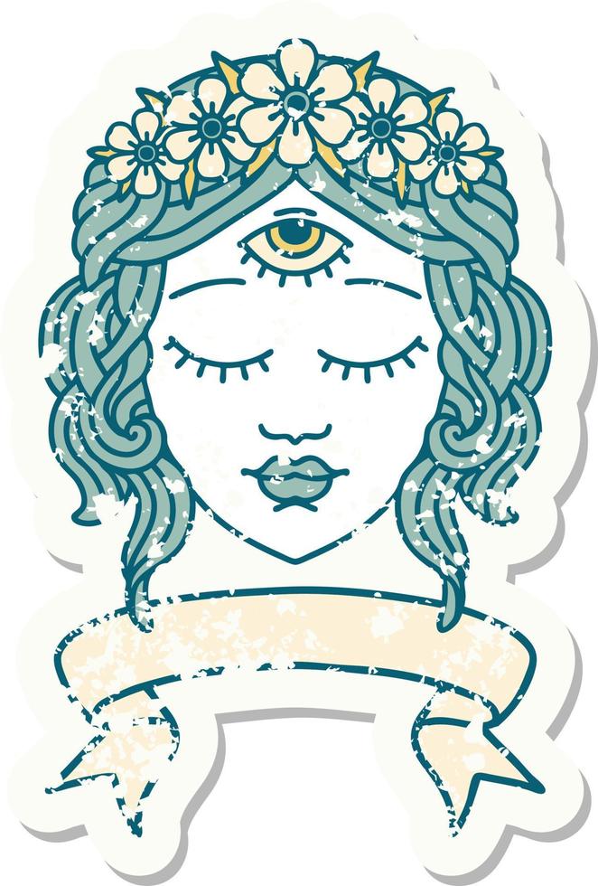 worn old sticker with banner of female face with third eye and crown of flowers vector