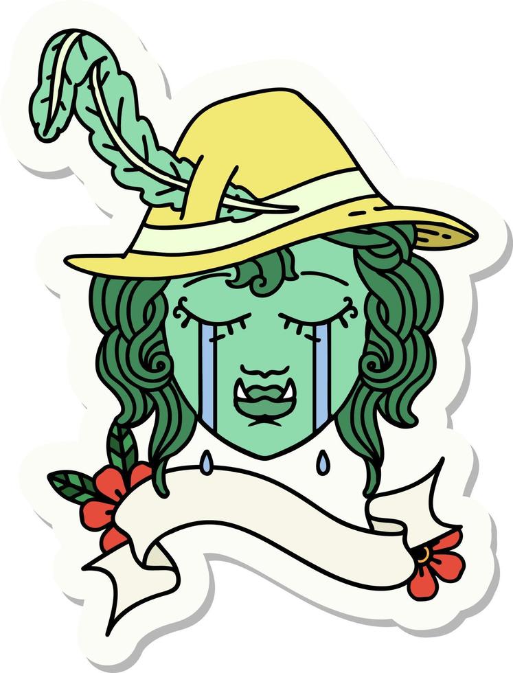 sticker of a crying half orc bard character face vector