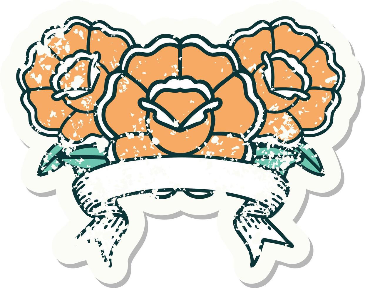 worn old sticker with banner of a bouquet of flowers vector