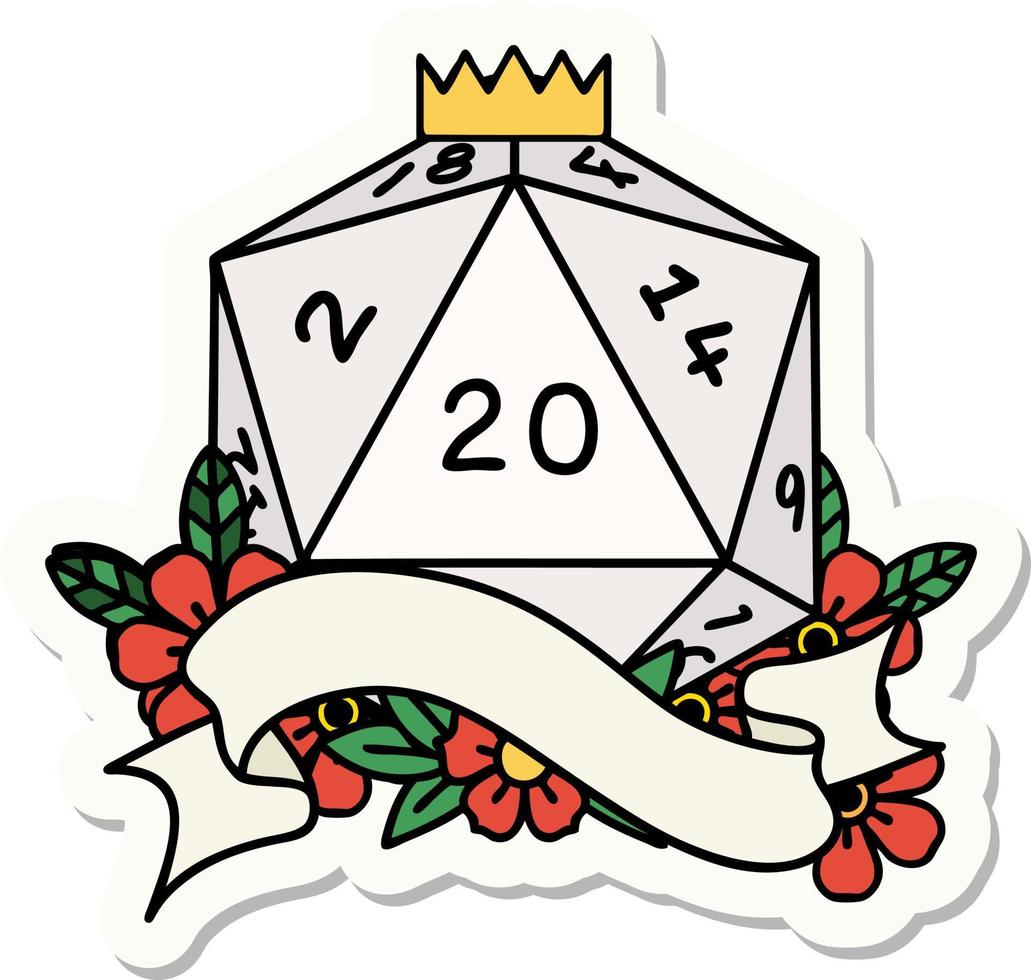 sticker of a natural twenty D20 dice roll vector