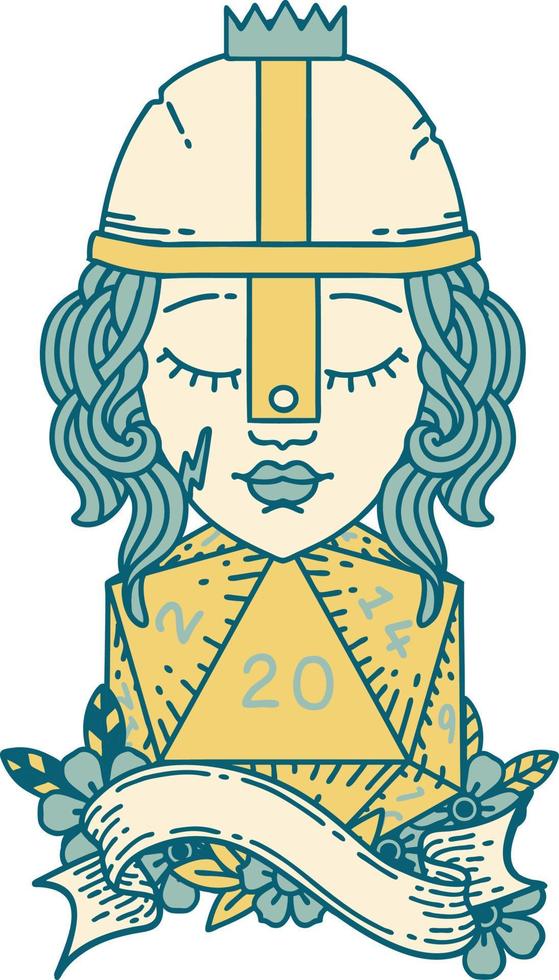 Retro Tattoo Style human fighter with natural twenty dice roll vector