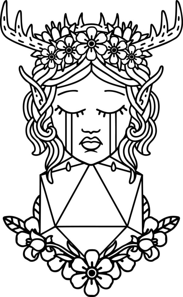 estilo de línea de tatuaje en blanco y negro cara de personaje de druida elfo llorando con un rollo natural d20 vector
