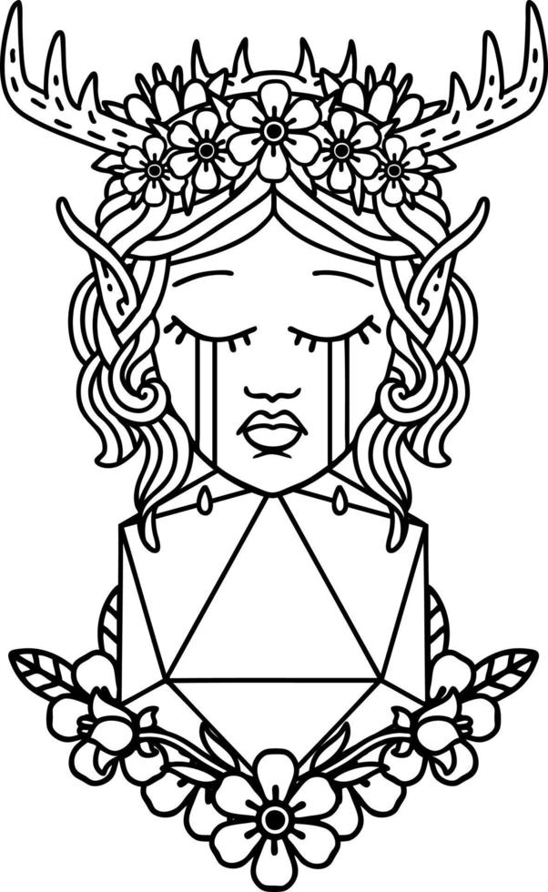 Black and White Tattoo linework Style crying elf druid character face with natural one D20 roll vector
